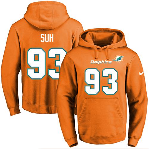 Nike Dolphins #93 Ndamukong Suh Orange Name & Number Pullover NFL Hoodie - Click Image to Close